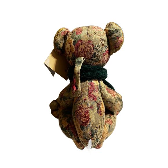 NWT VTG Dan Dee Poseable Tapestry Bear 13"" Green Chenille Scarf and Buttons - Picture 6 of 8